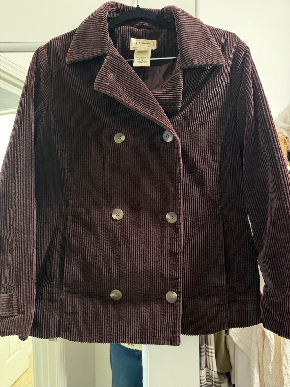 Vintage L.L. Bean Women's Double-Breasted Corduroy Pea Coat - Brown Y2K